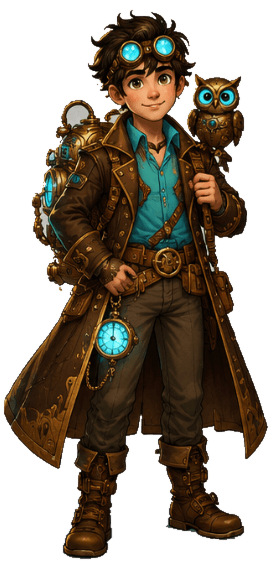 Pip Chronos with Rivet, his mechanical owl